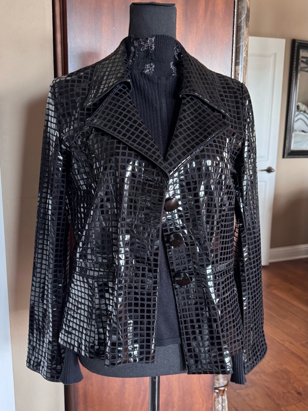 Clara S Black Patent Grid-Pattern Jacket